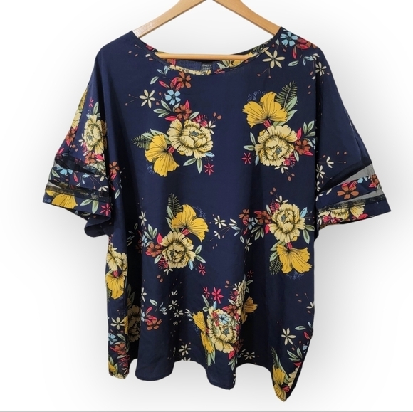 Emery Rose Navy Blue Floral Short Sleeve Tops with Sheer Stripes Size 3XL - Picture 1 of 16